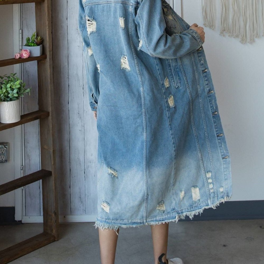 Long Distressed Denim Jacket